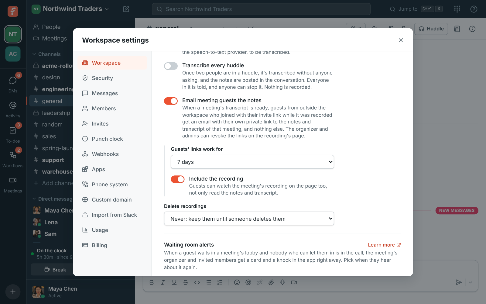 Share meetings outside the workspace, turned on: guests are emailed the notes, links work for up to 7 days and can play the recording