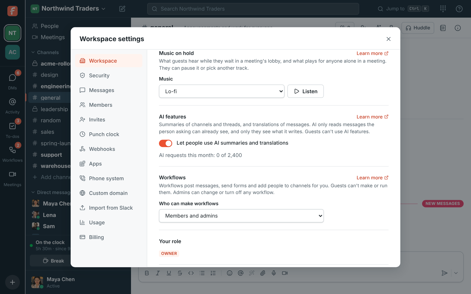 Workspace settings, Music on hold: a Music list set to Lo-fi, with a Listen button