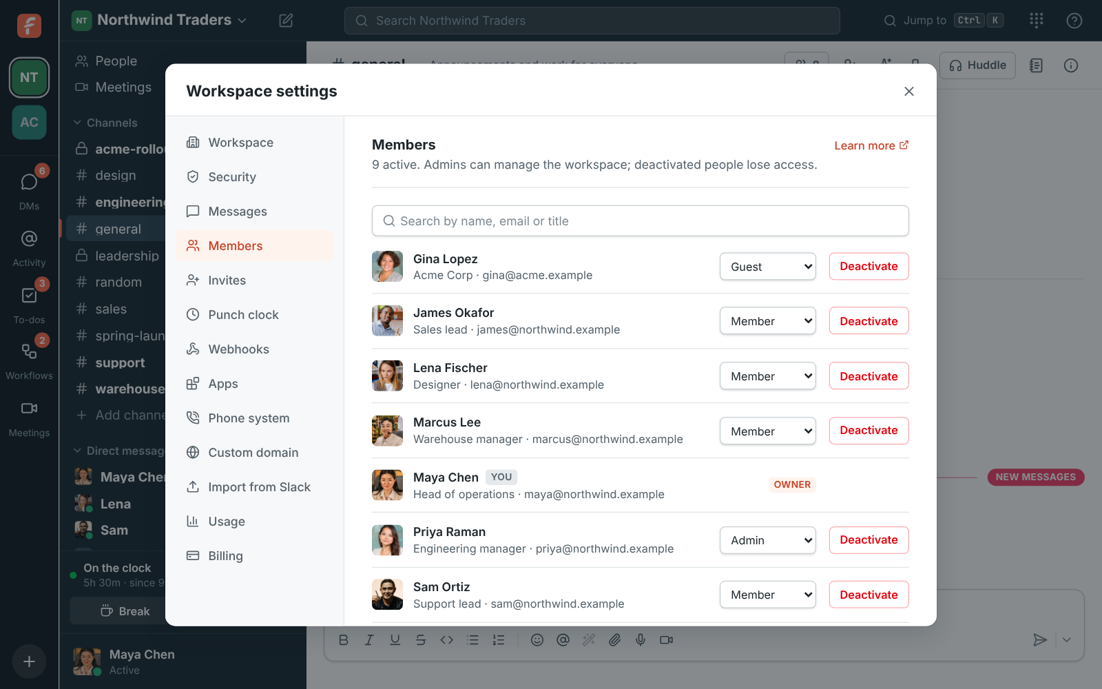 Workspace settings, Members: edit profiles, change roles or deactivate people