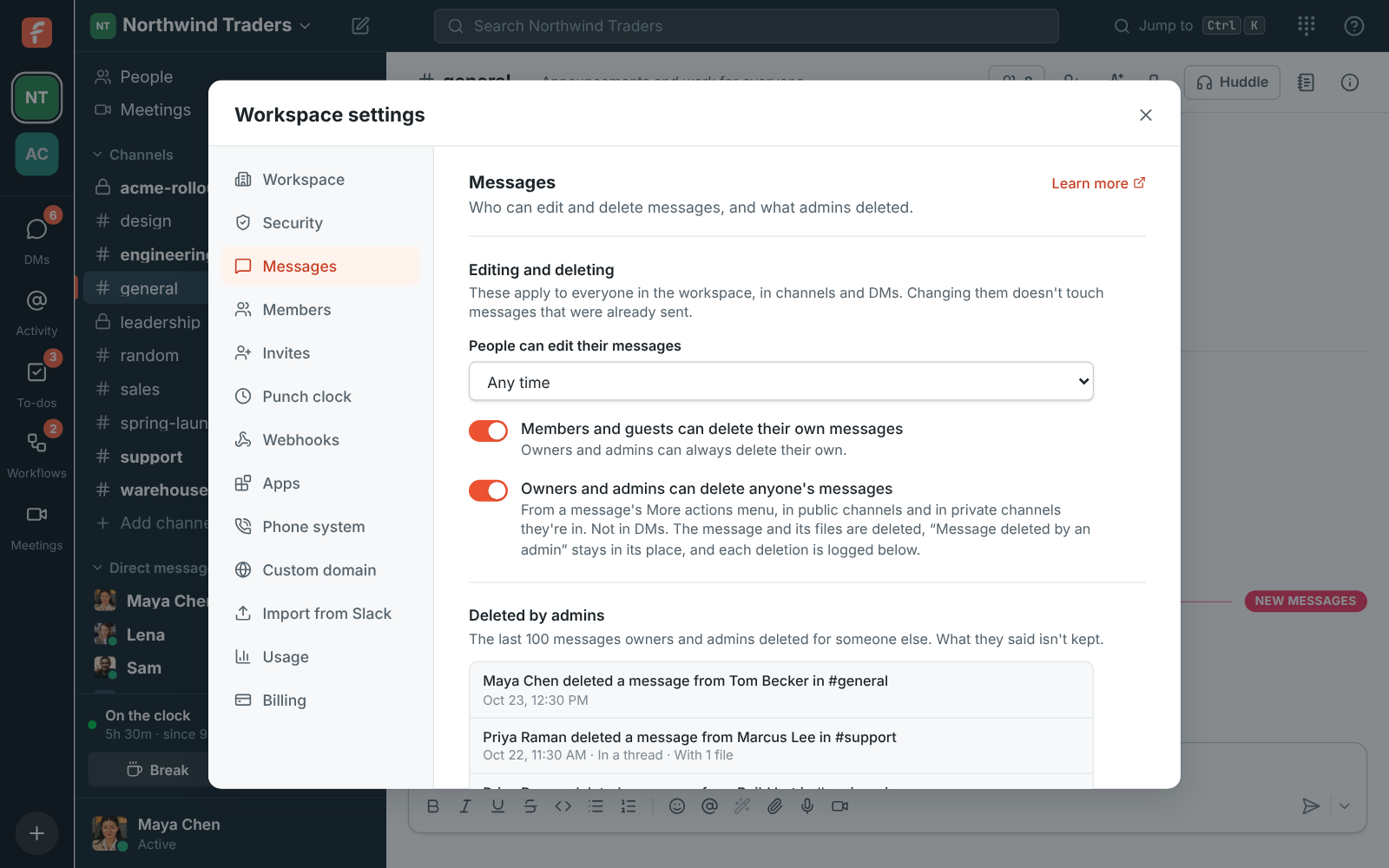 Workspace settings, Messages: the editing and deleting settings and the Deleted by admins log