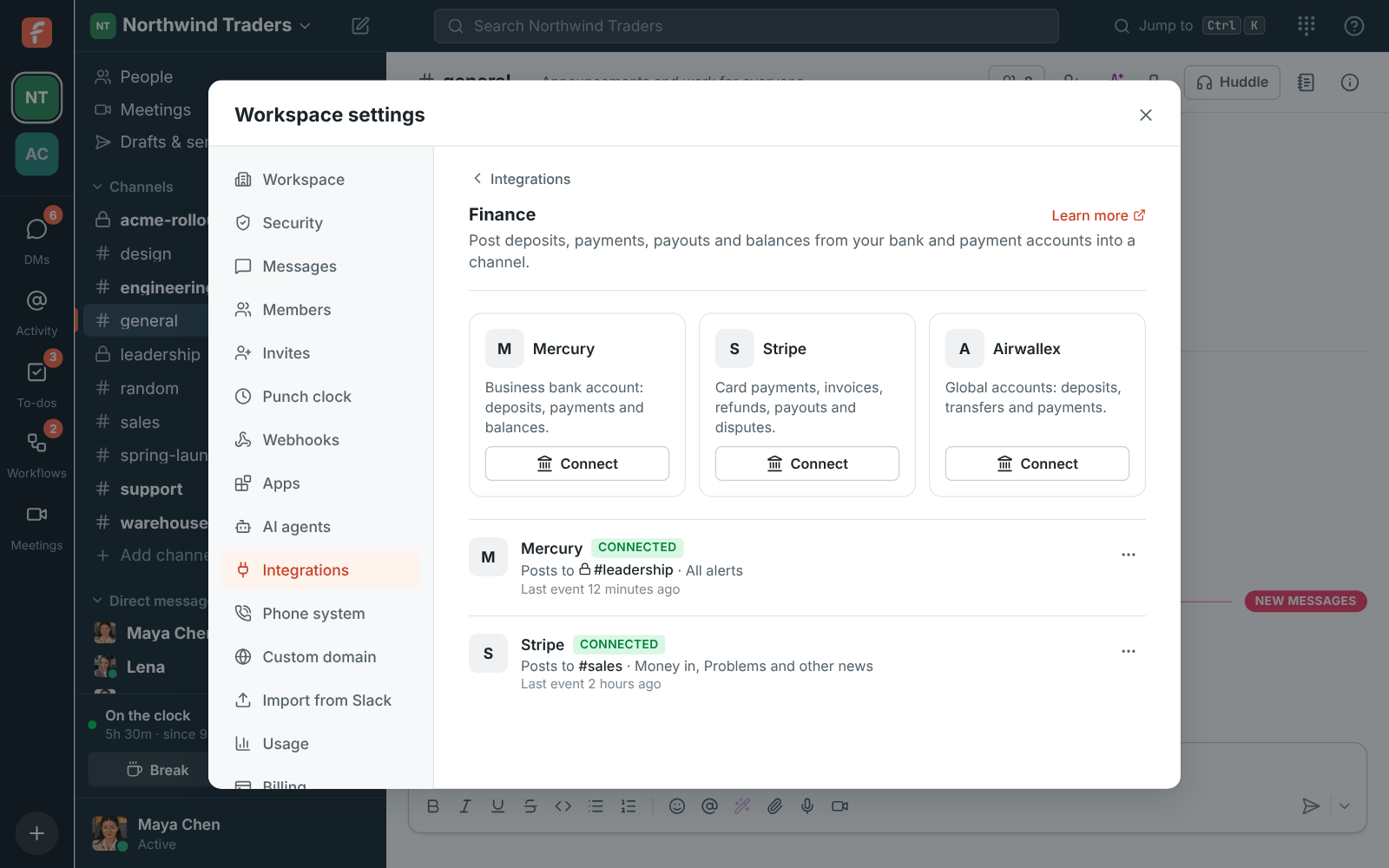 Workspace settings, Integrations, Finance: connected accounts, each with its channel and last event