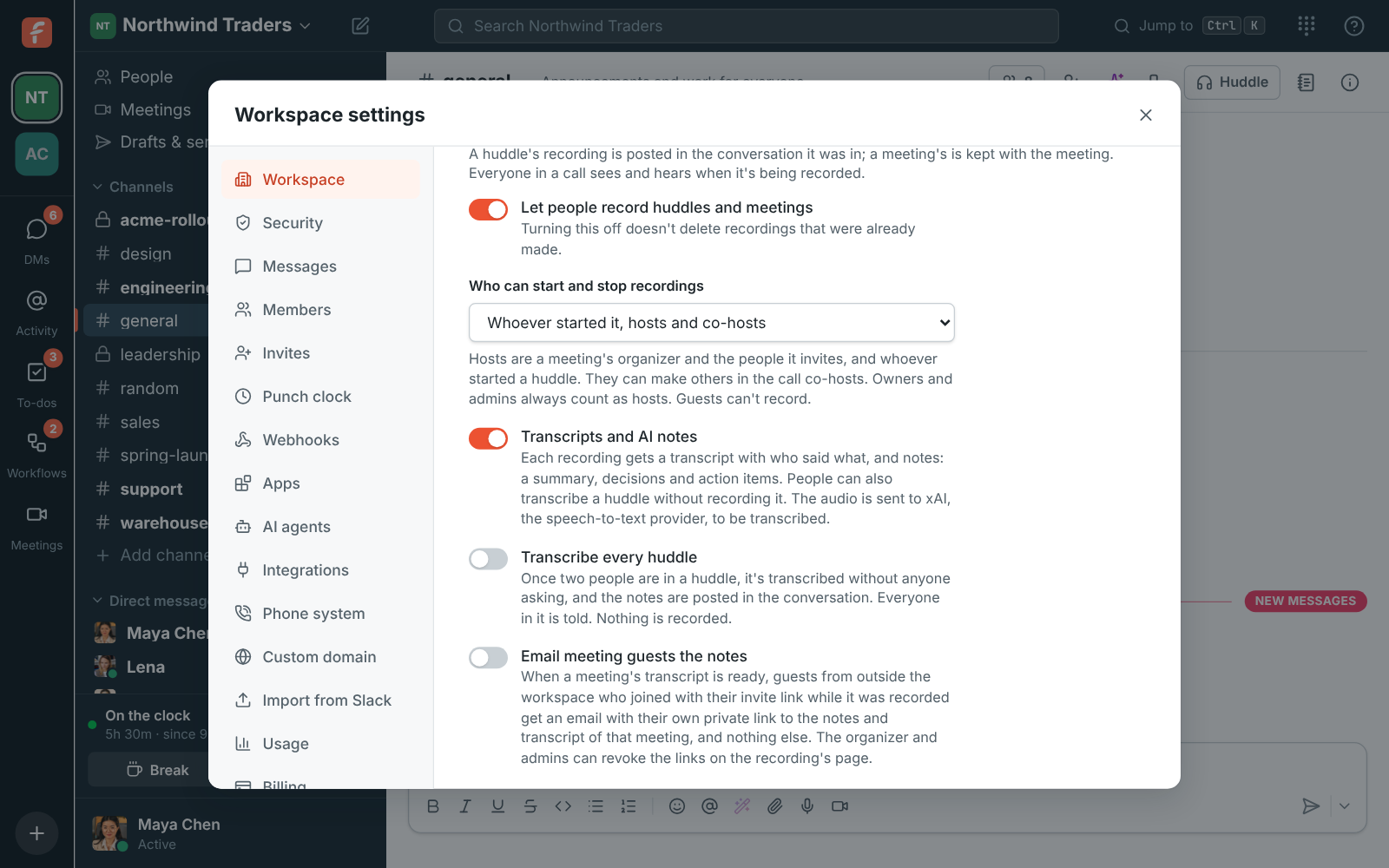 Workspace settings, Recordings: Who can start and stop recordings, set to Whoever started it, hosts and co-hosts