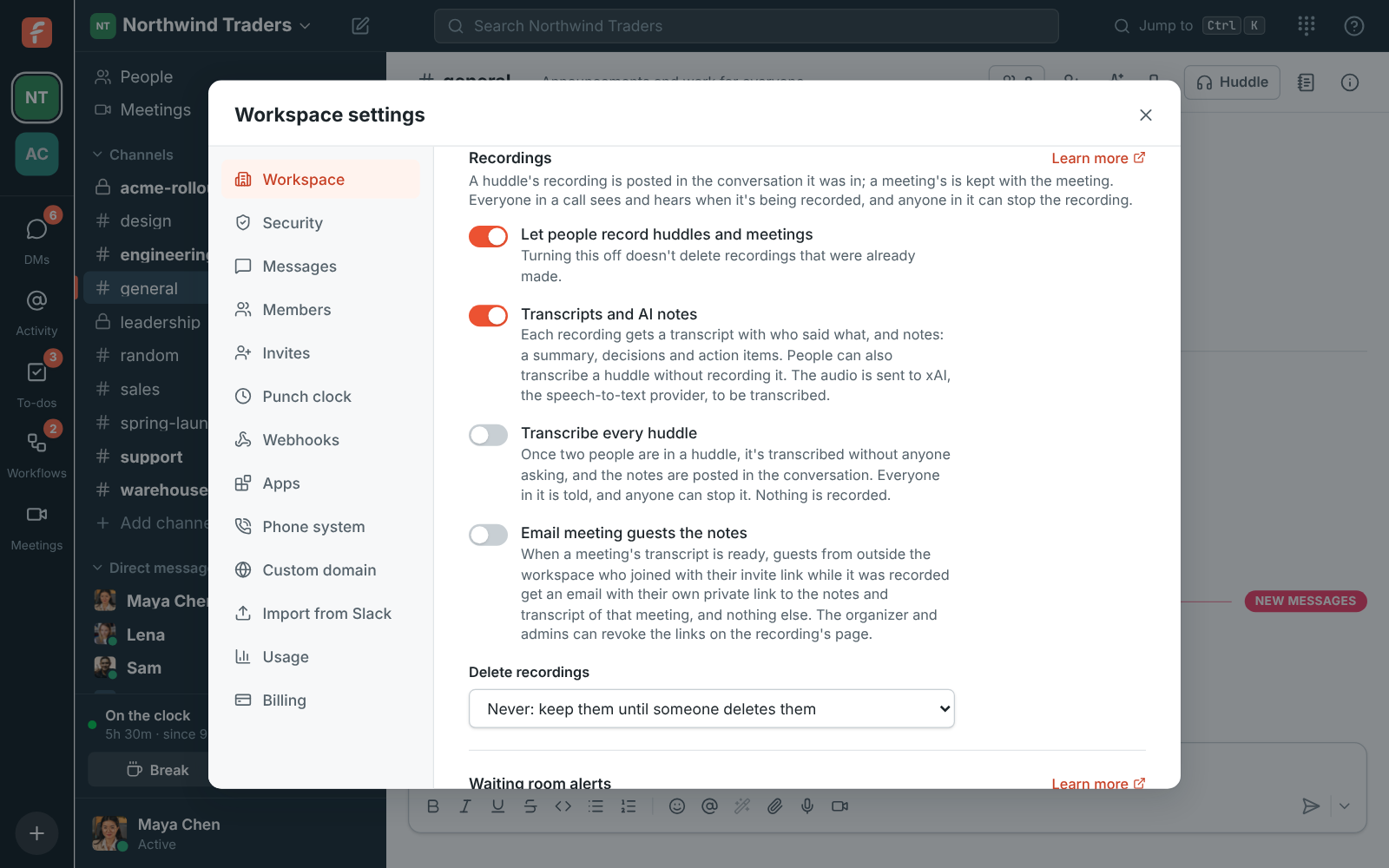 Workspace settings, Recordings: switches for recording huddles and meetings, for transcripts and AI notes and for transcribing every huddle, and when to delete recordings