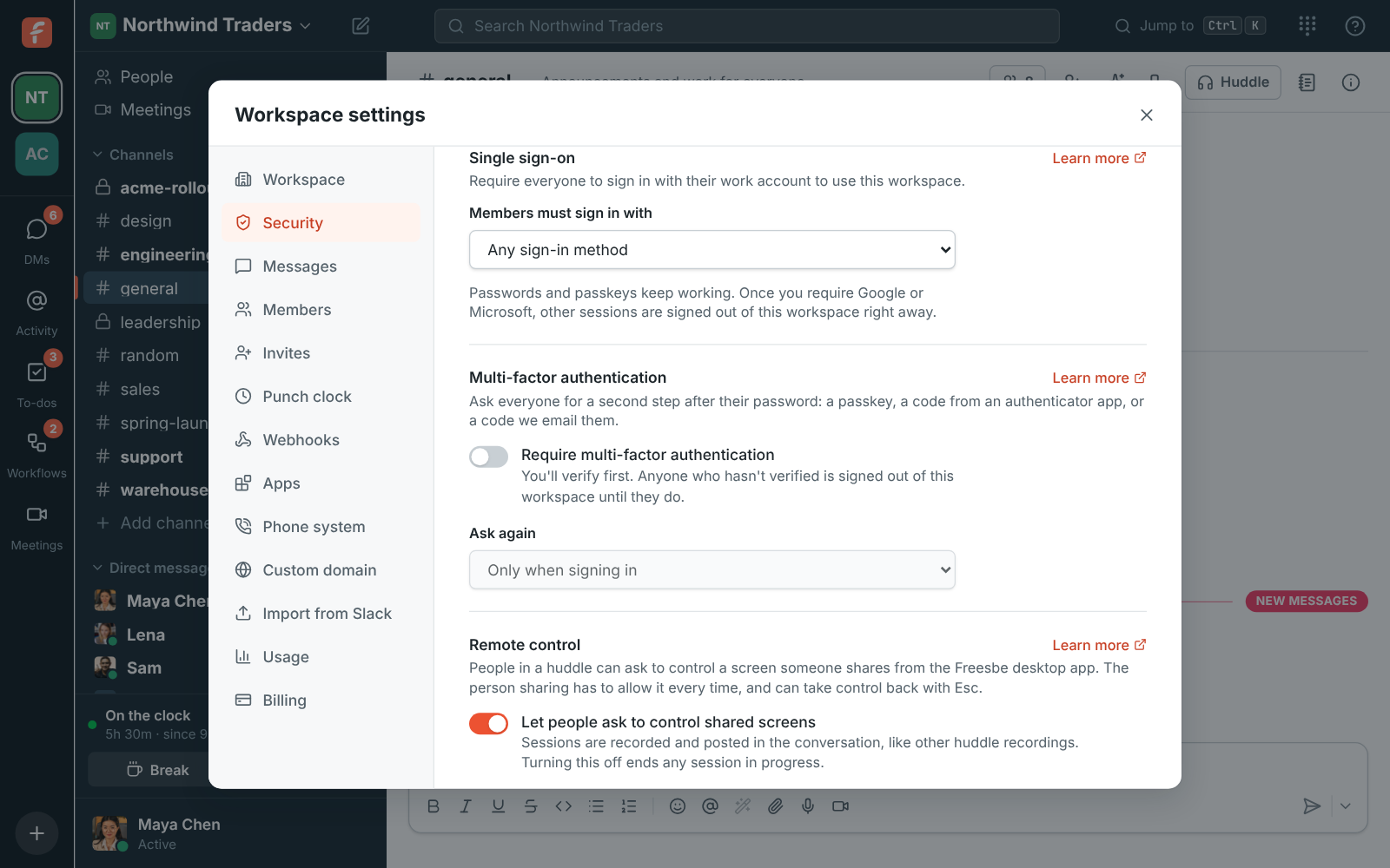 Workspace settings, Single sign-on: Members must sign in with