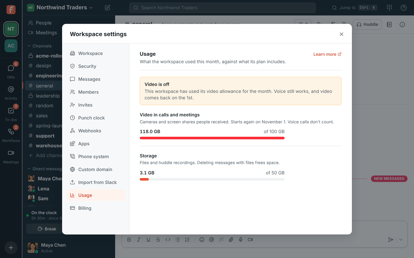 Workspace settings, Usage: Acme Corp used 118 GB of its 100 GB video allowance, so video is off until November 1. Storage is at 3.1 GB of 50 GB