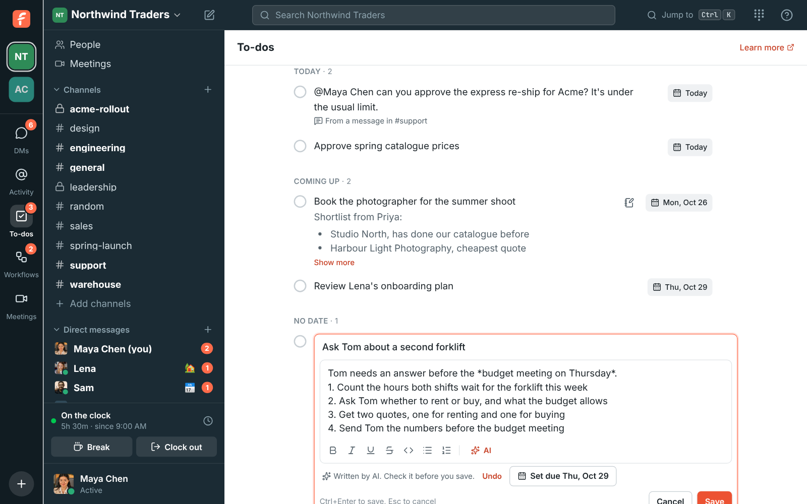 A to-do planned by AI: a line on the budget meeting, four numbered steps, Written by AI with Undo, and a Set due Thu, Oct 29 button