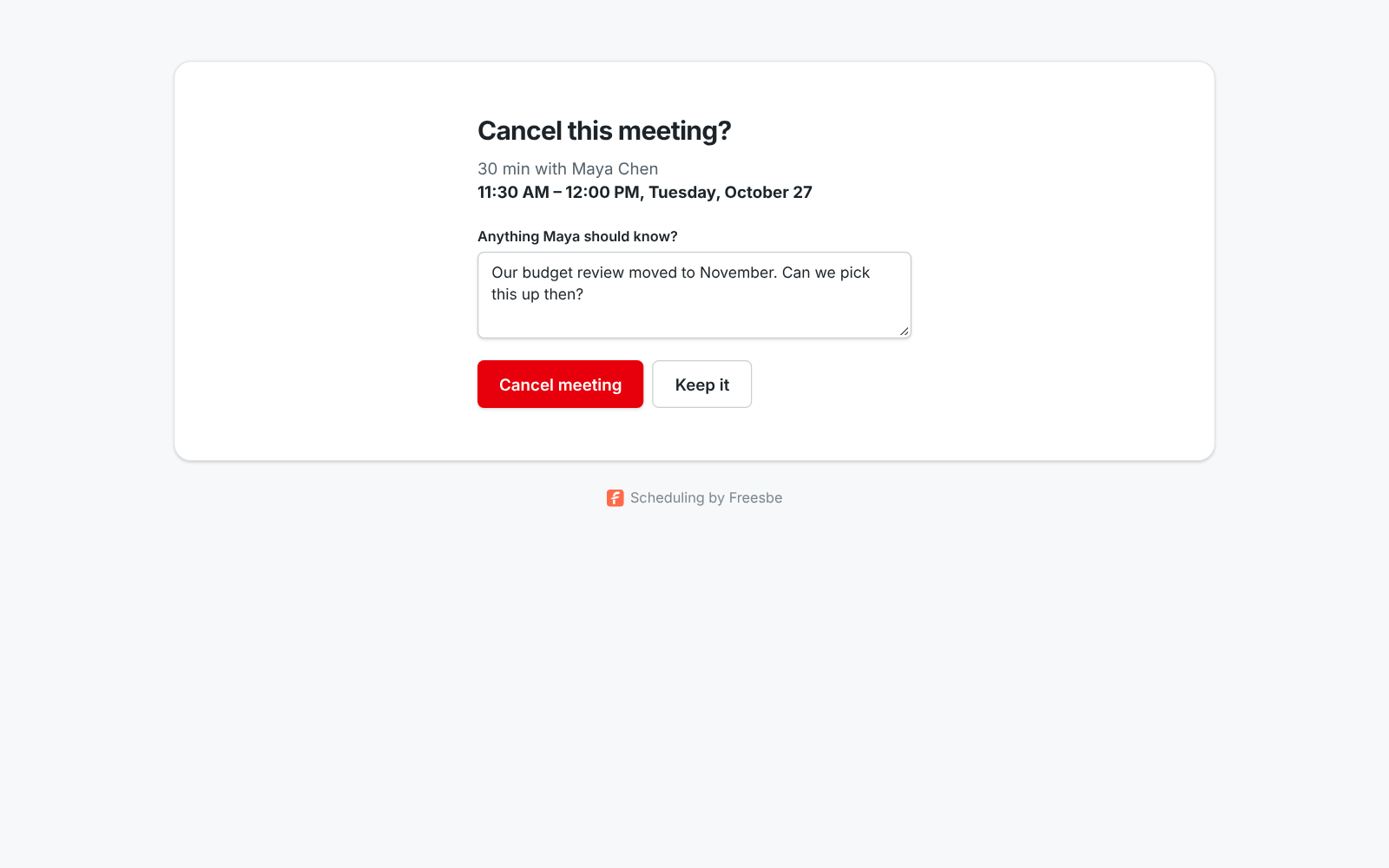 Canceling a booking: the time, a note for the host, and the Cancel meeting and Keep it buttons