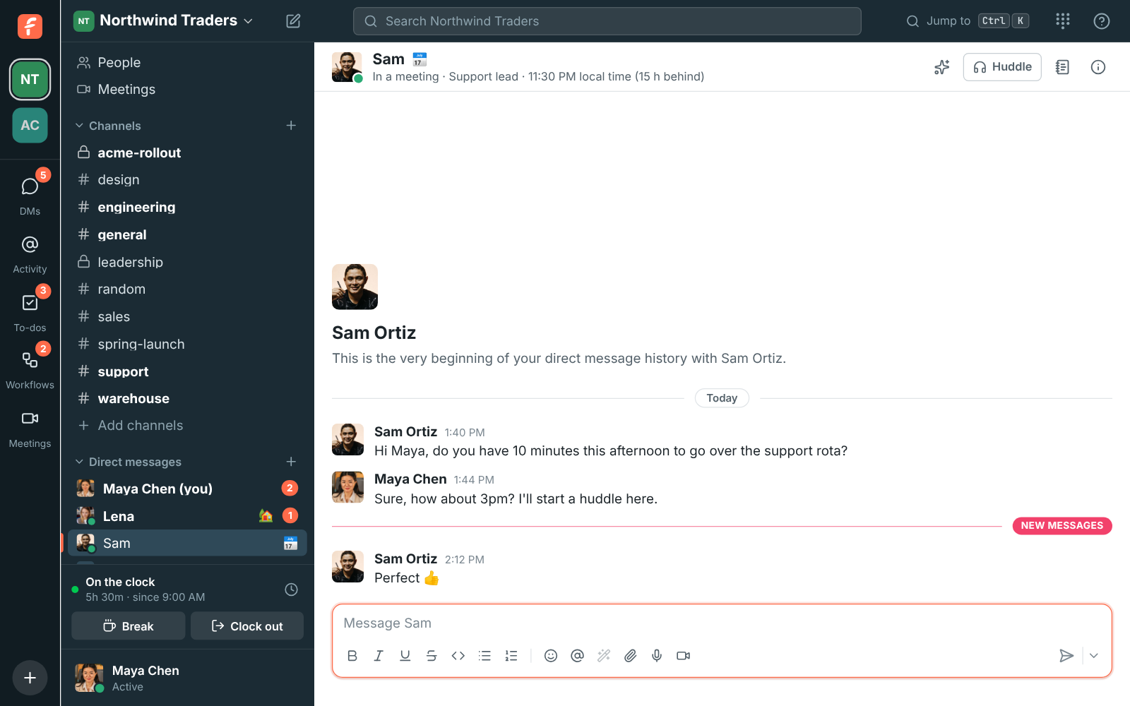 A direct message with Sam, showing Sam’s status and local time in the header