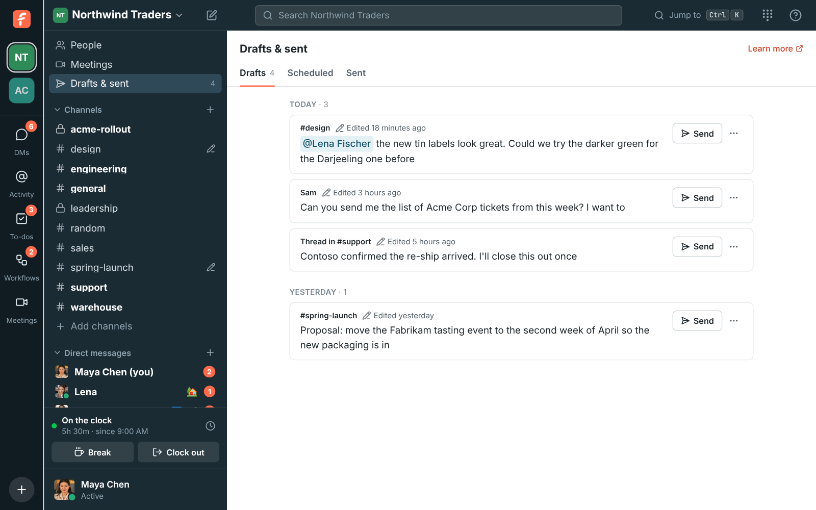 The Drafts page: drafts for #design, a DM with Sam, a thread in #support and #spring-launch, each with Send and a ⋯ menu