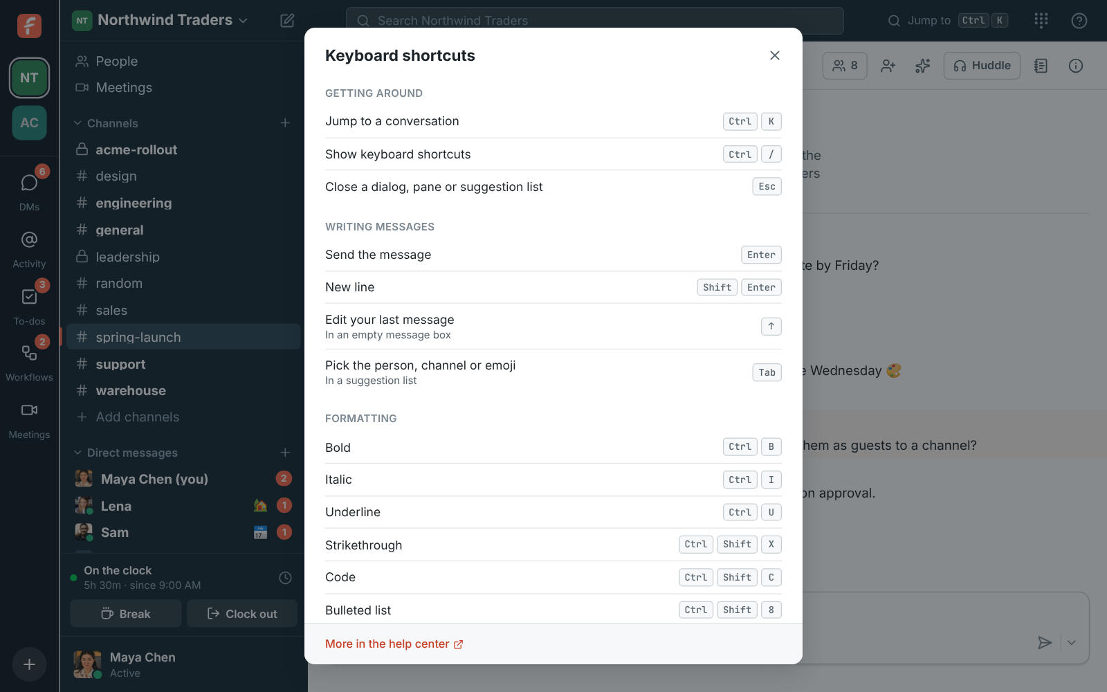 The Keyboard shortcuts dialog, grouped into getting around, writing messages and formatting