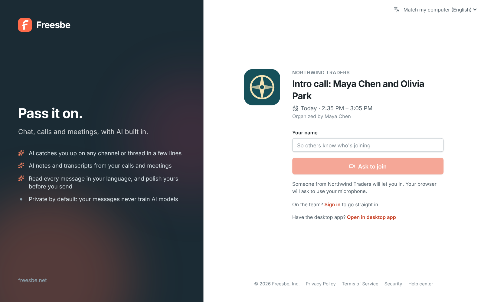 A meeting link for Intro call: Maya Chen and Olivia Park, with the Northwind Traders logo beside the title, time and organizer, a Your name box and an Ask to join button