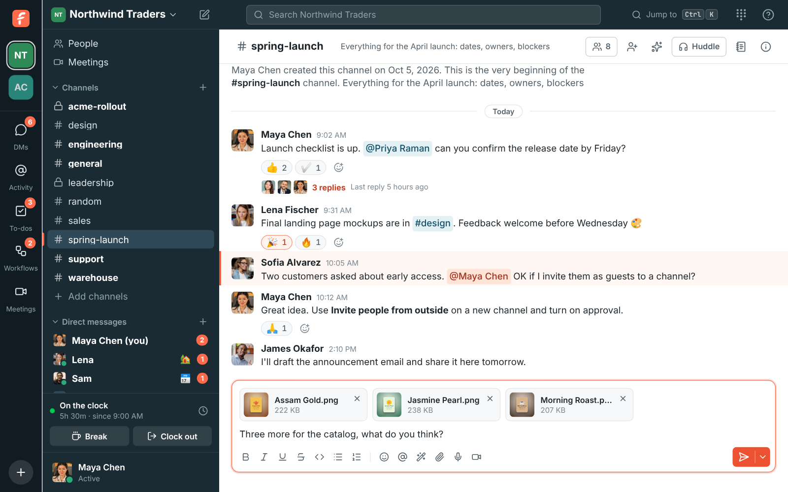 Three product pictures uploaded and waiting above the message box in #spring-launch