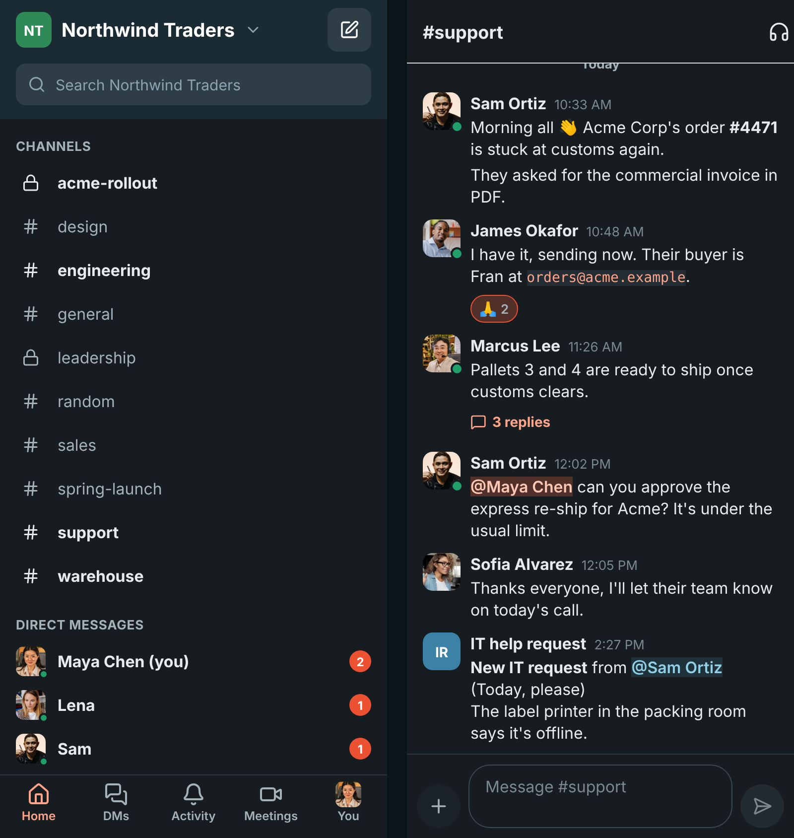 Home and a conversation in dark mode