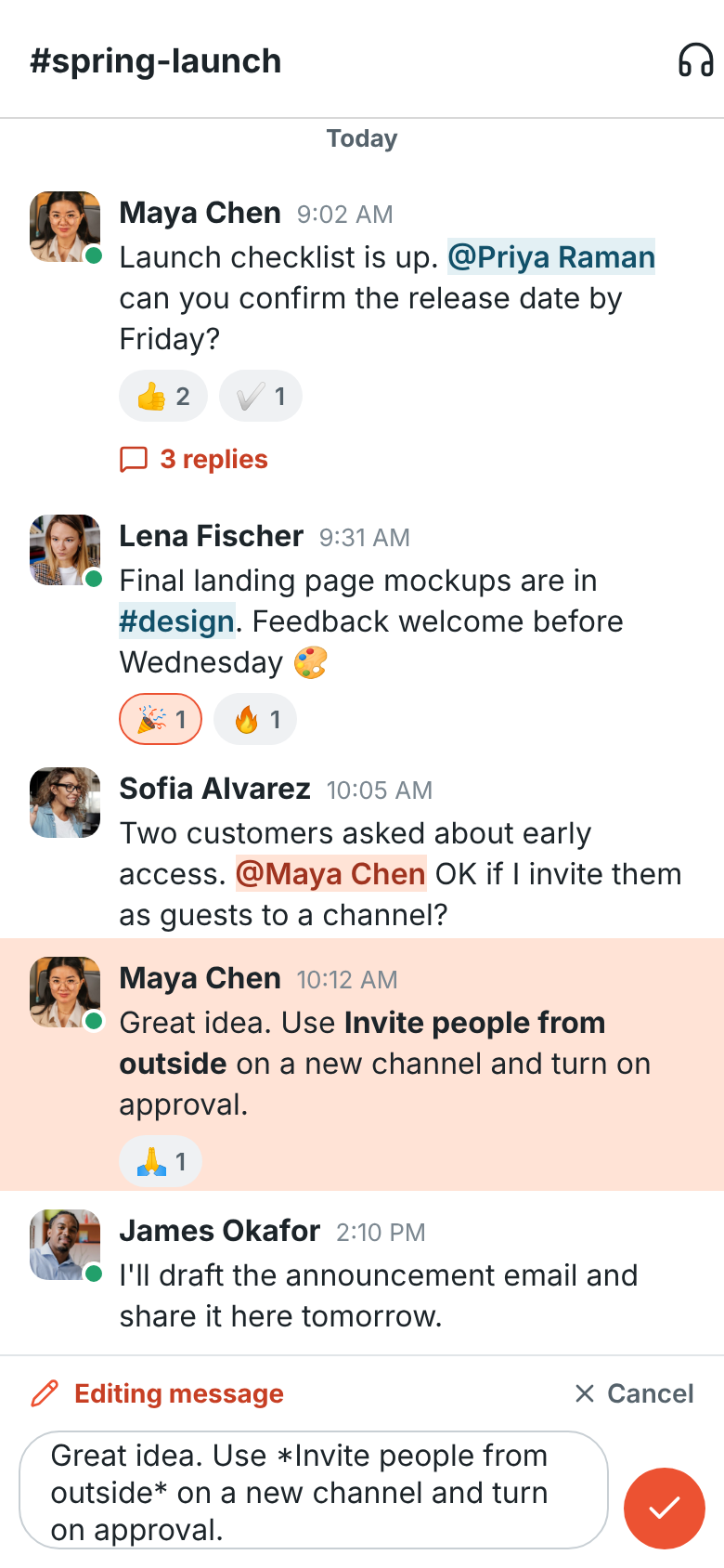 Editing a message: it’s highlighted in the conversation and its text is in the message box, with Cancel