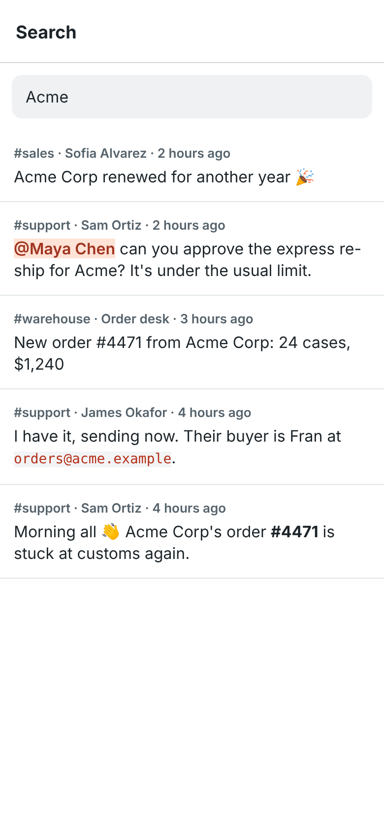 Search results for Acme in #support and #sales