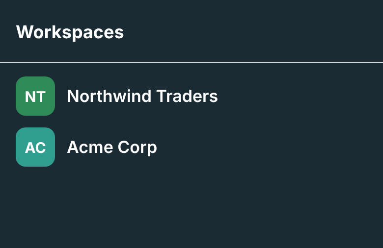 The workspace switcher with Northwind Traders and Acme Corp