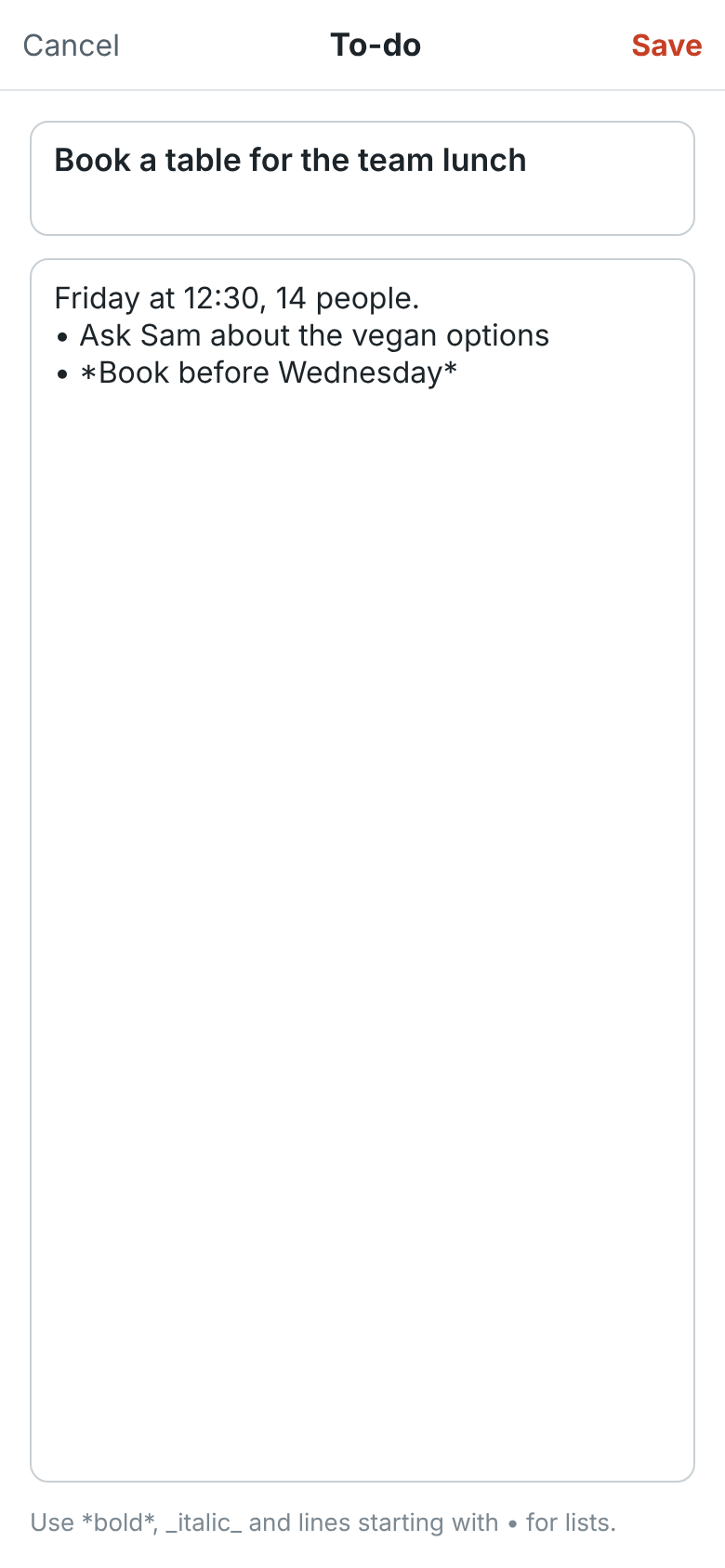 Editing a to-do on the phone: its title, notes with a short list, and Cancel and Save at the top