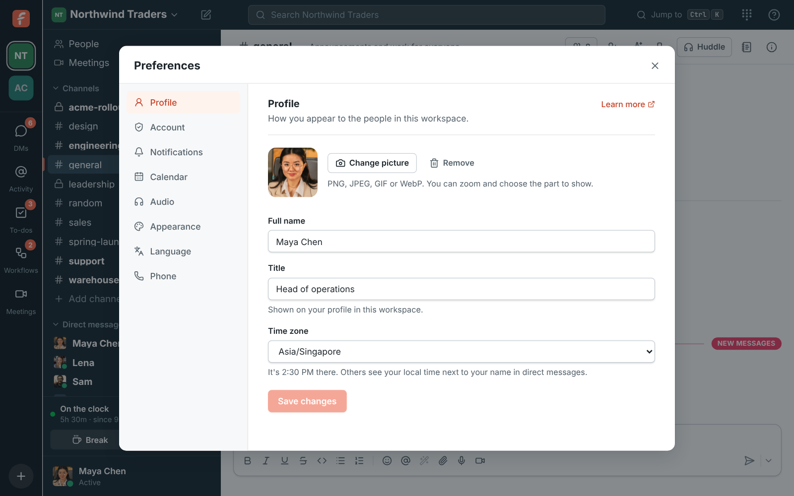 Preferences, Profile: picture, full name, title, pronouns, department, location, manager, phone and time zone