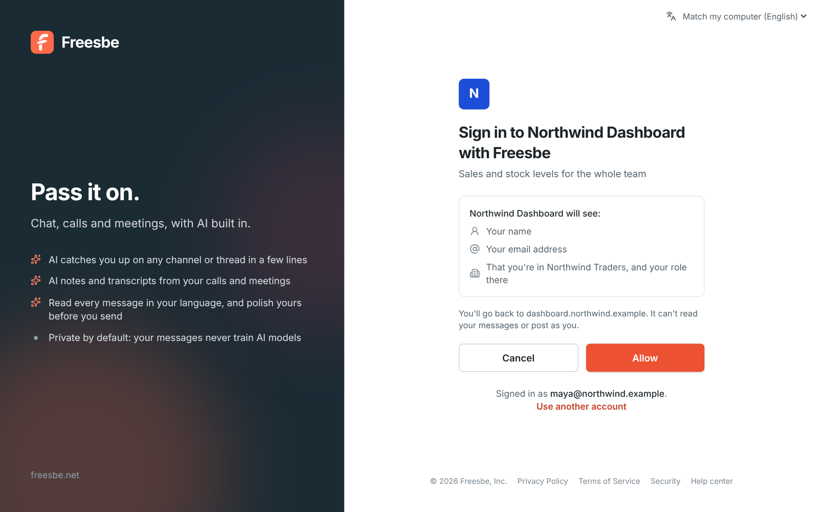 Sign in to Northwind Dashboard with Freesbe: it will see your name, your email address, and that you’re in Northwind Traders and your role there