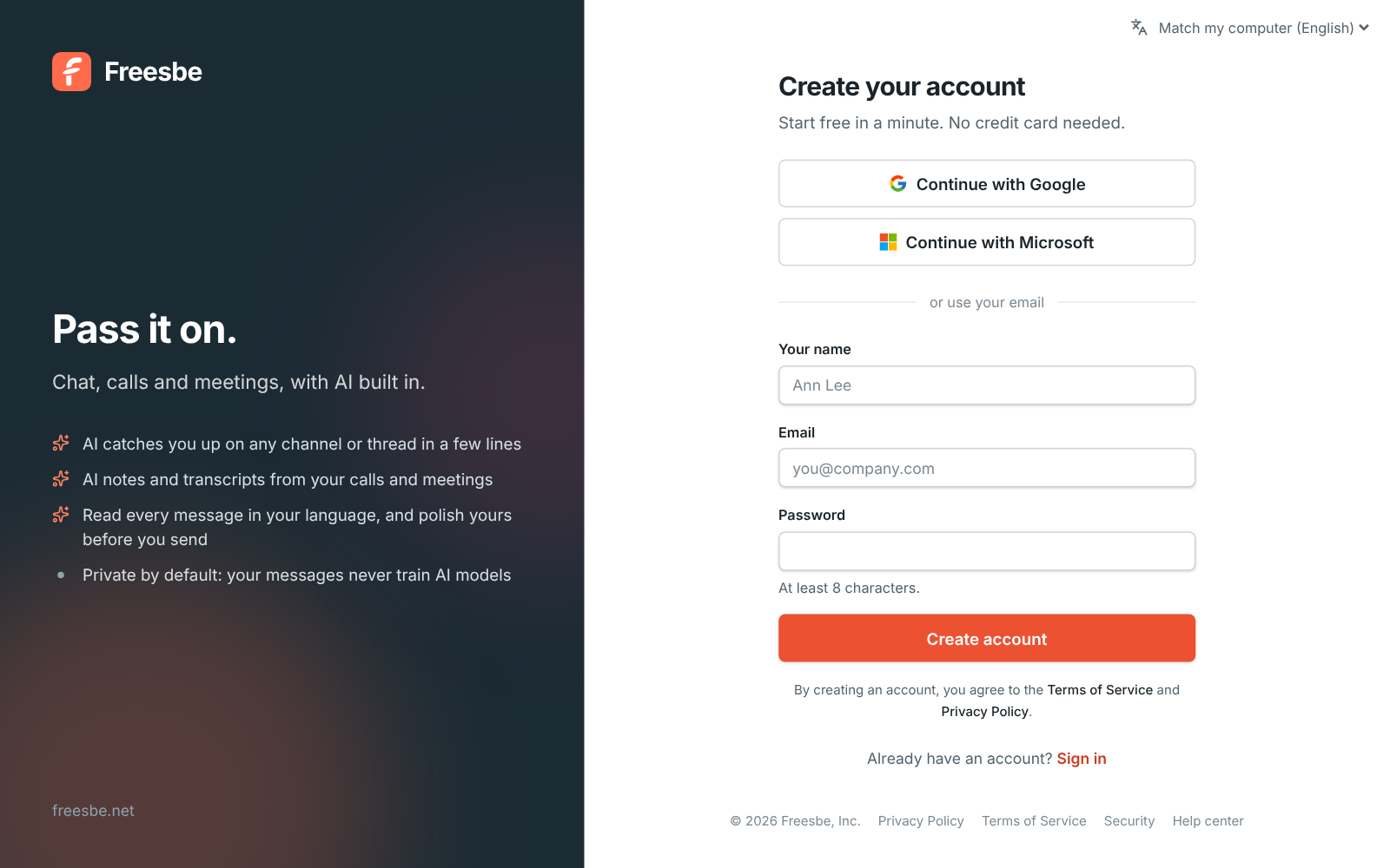 The sign-up page: continue with Google, Microsoft, or your name, email and a password