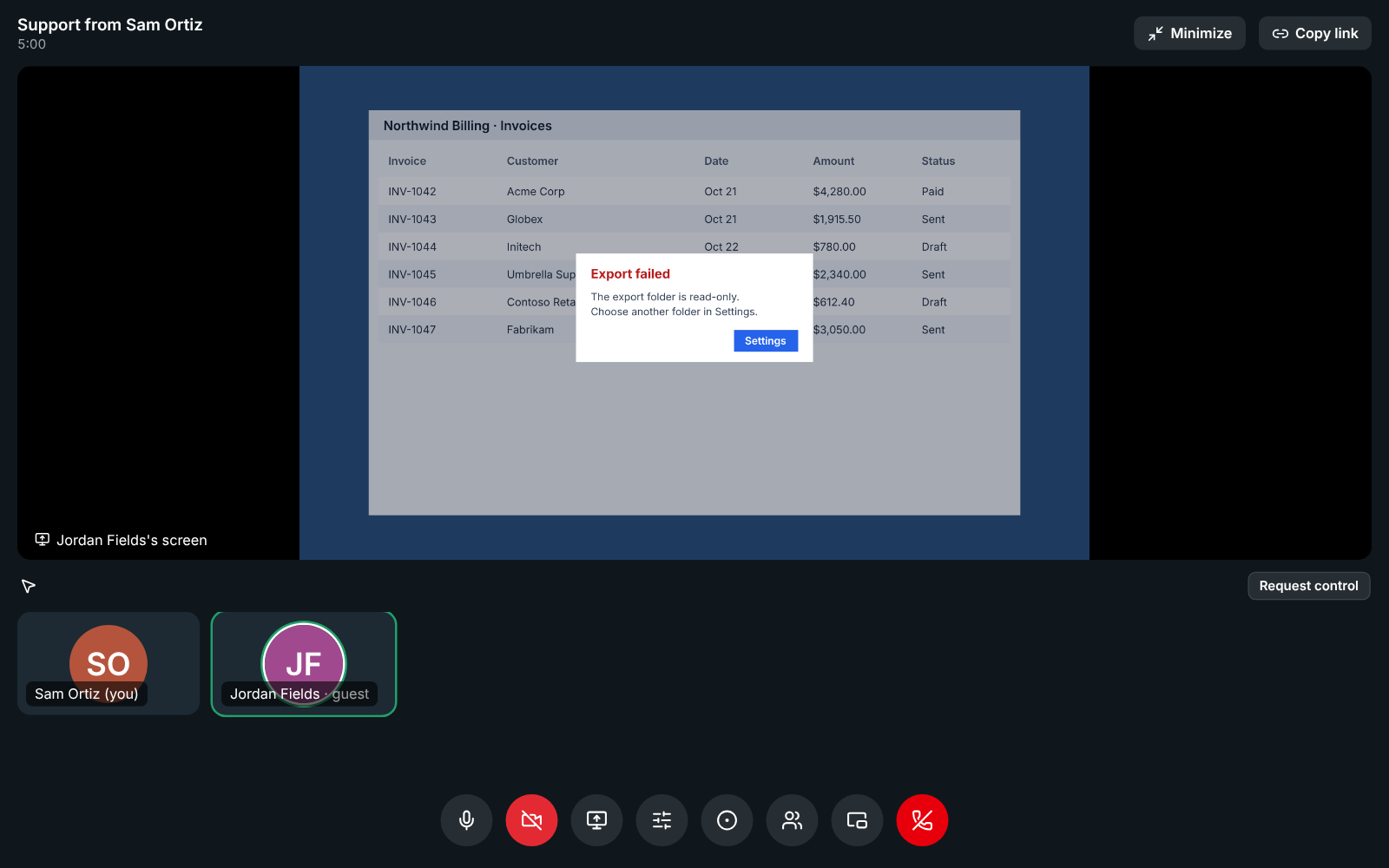 A support session with Jordan Fields’s shared screen and Request control under it