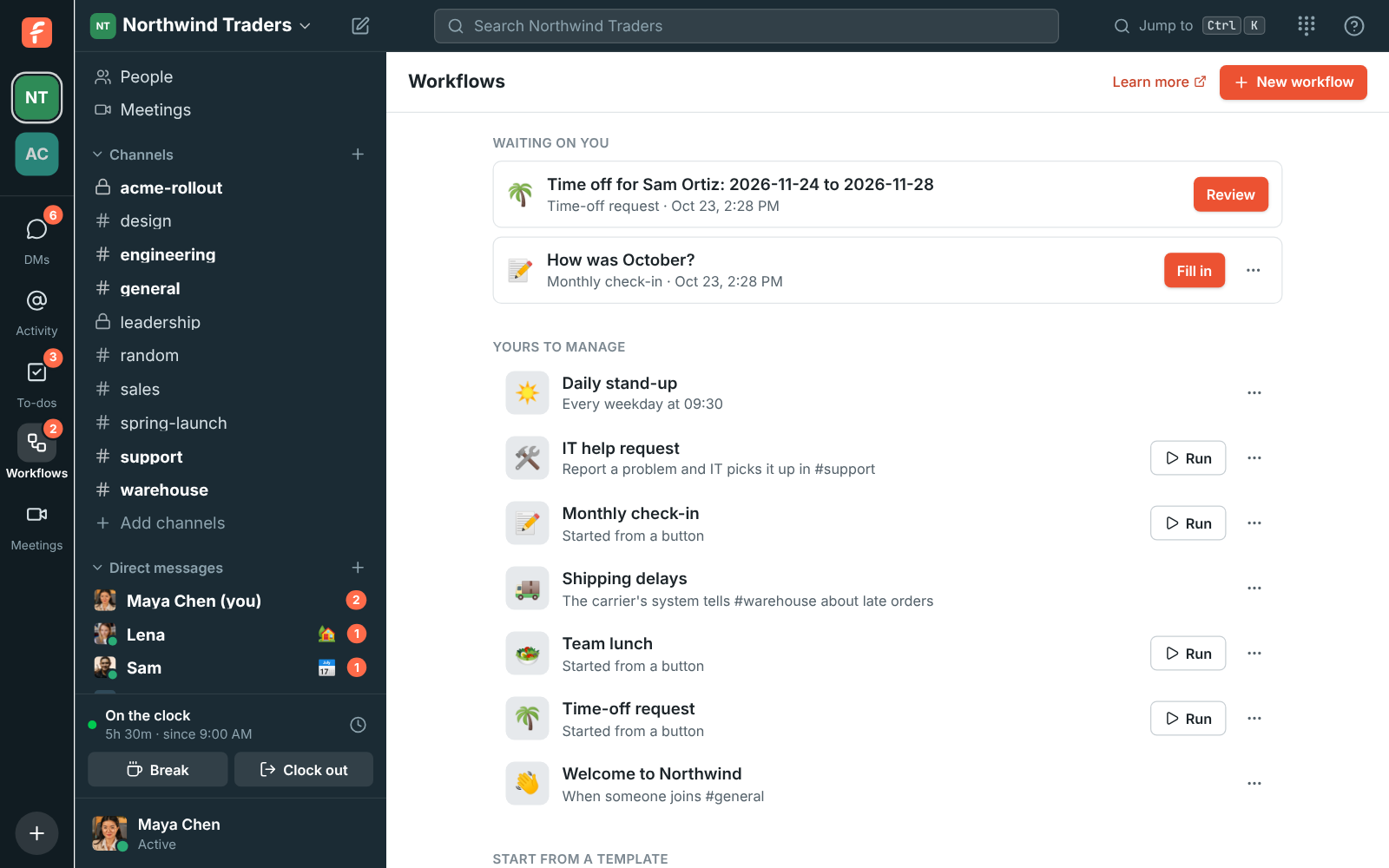 The Workflows page: a form waiting on you, the workspace’s workflows and templates