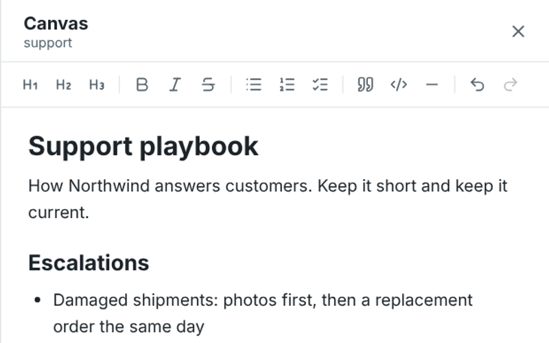 A support playbook canvas open beside the #support channel