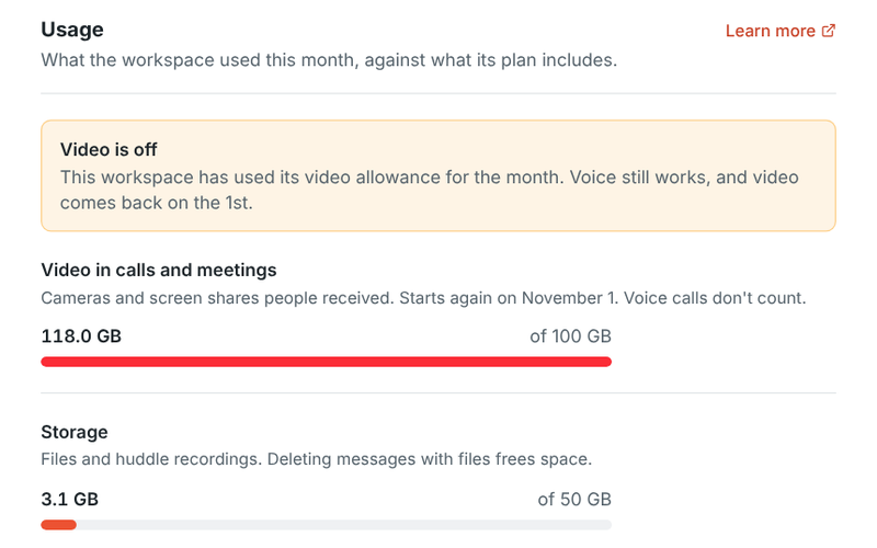 Workspace settings, Usage: video and storage used this month