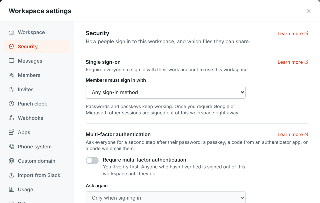 Workspace settings, Security tab, with single sign-on and two-step verification